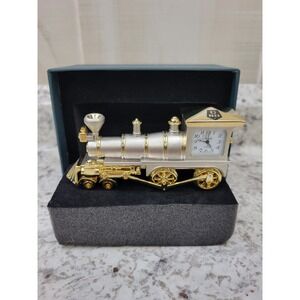 Vintage Train Clock Silver & Gold Tone NB Quartz Desk Table Locomotive